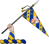 Family crest from England for Akers (Kent) Crest - An Arm Vested Bendy, Holding a Pennon Bendy Charged with a Saracen