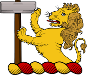Family crest from England for Smith - A demi-lion rampant, supporting a smith