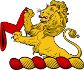 Family crest from England for Acham, Acklam Crest - A Demi-Lion Holding a Maunch