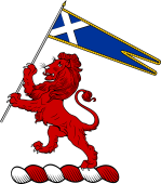 Family crest from England for Acotts, Acottis Crest - A Lion Rampant Supporting a Standard, Flag Charged with a Saltier