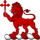 Family crest from England for Adamson Crest - A Lion Passant, Holding in the Dexter Paw a Cross Crosslet
