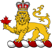 Family crest from Canada for Canada National - A lion passant guardant, imperially crowned, holding in the dexter paw a maple leaf