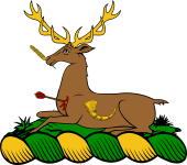 Family crest from England for Anderson (Northumberland) Crest - On a Mount, a Stag Couchant, Wounded in the Breast by an Arrow, Holding in His Mouth an Ear of Wheat, Charged on His Side with a Bugle-Horn