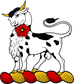 Family crest from England for Abergavenny, Earl of and Baron, Visc Neville or Norville Crest - A Bull Pied Charged on Neck Rose Barbed and Seeded