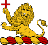 Family crest from England for Allenson Crest - A Demi Lion Rampant Guardant, Holding a Cross