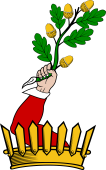 Family crest from England for Ackerman, Ackermann, Akerman, Acraman Crest - Out of a Palidado Coronet an Arm Embowed, Vested, Cuffed, Holding an Oak Branch