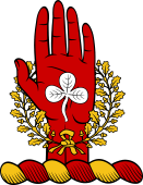 Family crest from Canada for Smith, (Northumbberland and Canada) - A sinister hand erect, apaumee, couped at the wrist, the wrist encircled with a wreath of oak, the palm charged with a trefoil slipped